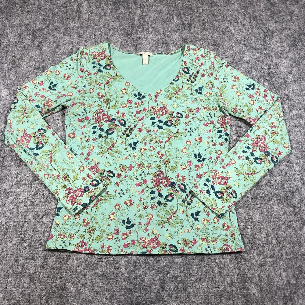 J Jill Shirt Womens XS Green Floral V Neck Long Sleeve Stretch Jersey Top